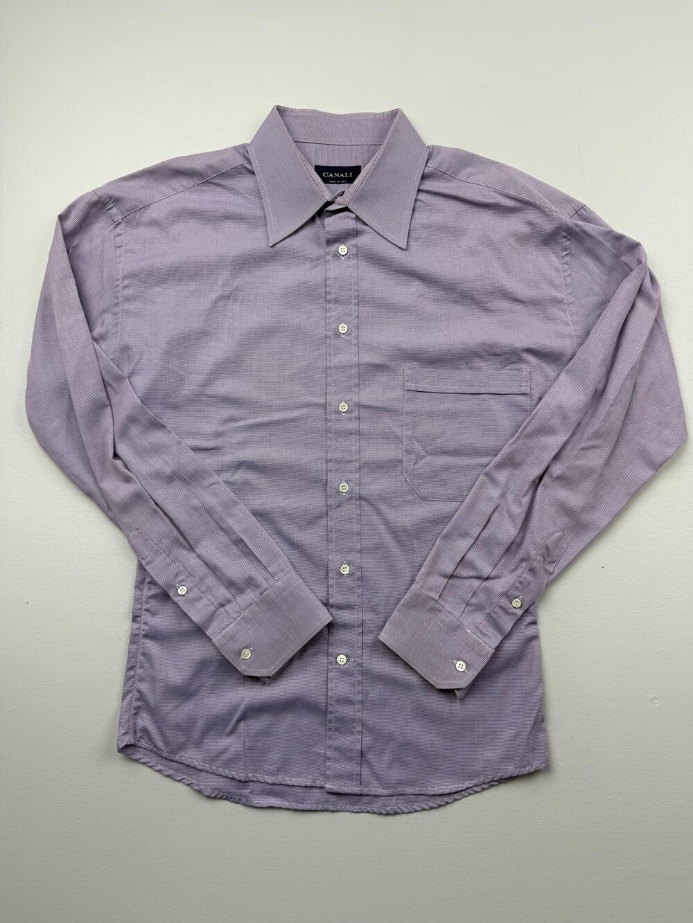 Canali Dress Shirt Mens 17 Purple Check Made In Italy Long Sleeve Regular Fit